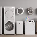 Various Styles of Modern Washing Machines With Front Load Top Load Models And Laundry Supplies