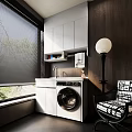 Home Balcony Laundry Space With White Cabinets Sink Washing Machine And Black Blinds