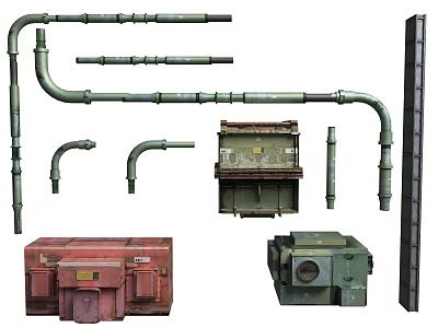 Public Facilities Infrastructure With Green Pipes Elbows And Red Green Equipment Boxes 3d model