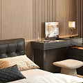 Modern Black Dressing Table With Table Lamp Flower Arrangement And Stool In Bedroom