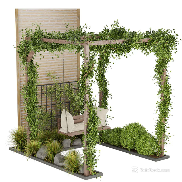 Garden Pergola Covered With Green Vines And Wooden Swing Chair Near Brick Wall 3d model 