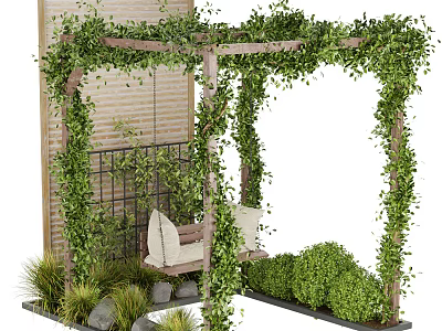 Garden Pergola Covered With Green Vines And Wooden Swing Chair Near Brick Wall 3d model