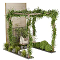 Garden Pergola Covered With Green Vines And Wooden Swing Chair Near Brick Wall