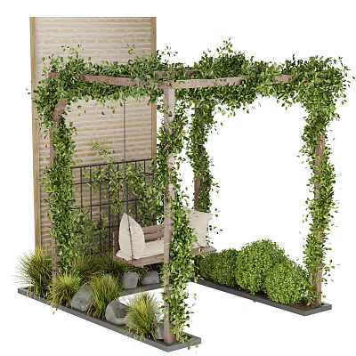 Garden Pergola Covered With Green Vines And Wooden Swing Chair Near Brick Wall 3d model Garden Pergola Covered With Green Vines And Wooden Swing Chair Near Brick Wall 3d model