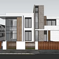Modern Detached Villa Exterior With Large Glass Windows Stone Wall Palm Tree And Front Fence