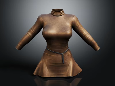 Brown Turtleneck Long Sleeve Fitted Dress With Black Belt Detail 3d model