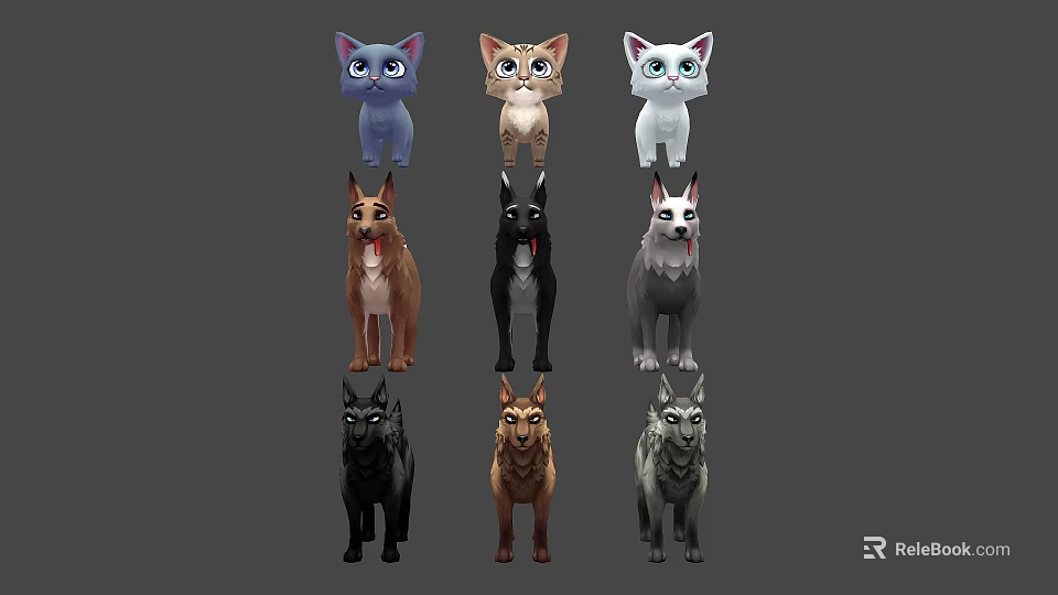 Cute Cartoon Cat And Dog Figures In Various Colors Display Collection 3d model 