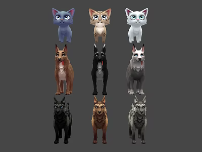 Cute Cartoon Cat And Dog Figures In Various Colors Display Collection 3d model