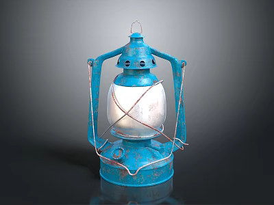 Vintage Blue Kerosene Lamp Furniture Piece With Metal Frame And Glass Shade 3d model