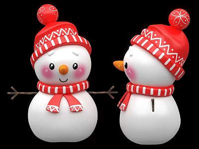 Two Adorable Snowman Figurines Front Side Views Red Hats Striped Scarves Blush Cheeks 3d model
