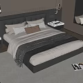 Modern Double Bed With Black Leather Headboard Decorative Pillows Quilt Marble Nightstands Lamps And Rug