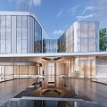 Elegant Modern Sales Office Building With Glass Curtain Walls Reflection Pool And Entrance