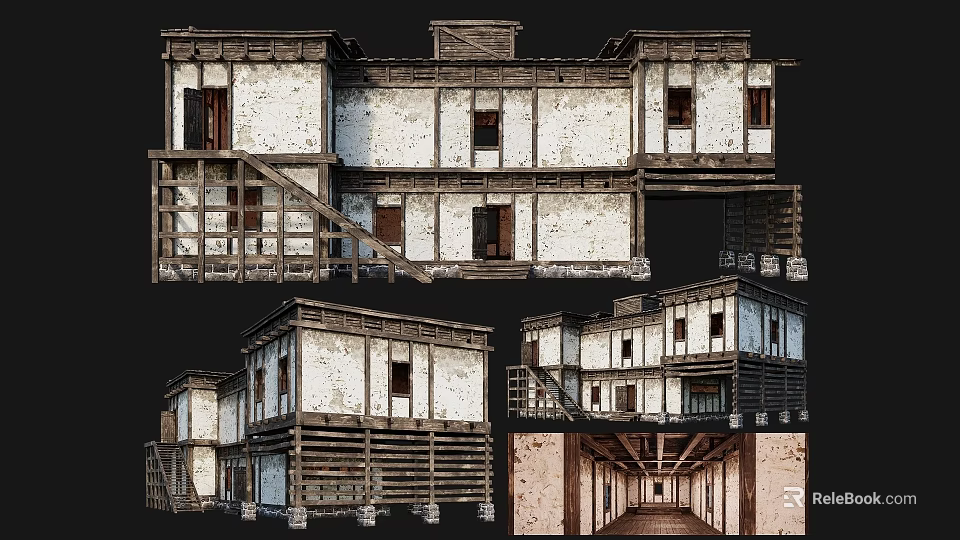 Ancient Traditional Building Structure With Wooden Frames White Walls Windows Stairs And Multiple Views 3d model 