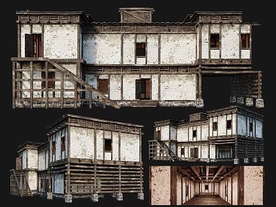 Ancient Traditional Building Structure With Wooden Frames White Walls Windows Stairs And Multiple Views 3d model