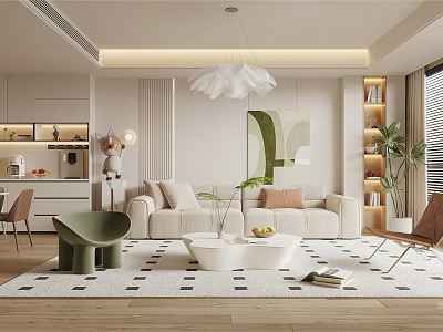 Modern Living Room Interior Design With Beige Sofa White Chandelier Abstract Painting And Geometric Rug 3d model