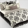 Stylish Double Bed With Damask Pattern Bedding Sheets Pillows And Ruffled Bed Skirt 3d model