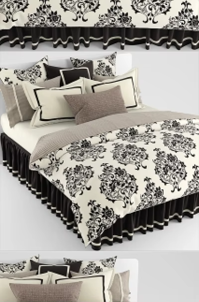 Stylish Double Bed With Damask Pattern Bedding Sheets Pillows And Ruffled Bed Skirt 3d model