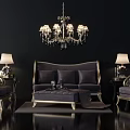 Luxurious Sofa and Coffee Table Set with Gold Accents Chandelier and Table Lamps