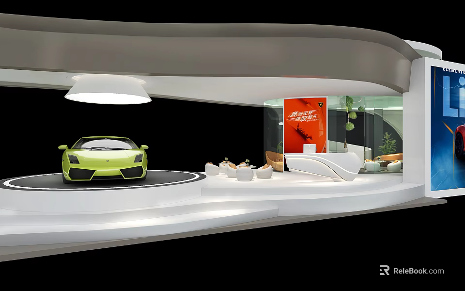 Modern Car Showroom Interior With Green Sports Car Display Platform And Lounge Area 3d model 
