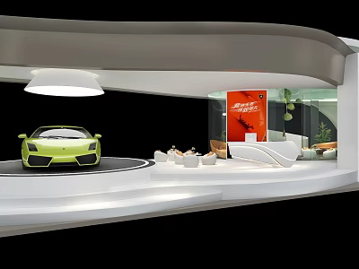 Modern Car Showroom Interior With Green Sports Car Display Platform And Lounge Area 3d model