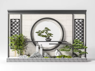 Traditional Chinese Scenic Feature Wall With Circular Center Potted Pine Bamboo And Rockery Stones 3d model