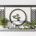 Traditional Chinese Scenic Feature Wall With Circular Center Potted Pine Bamboo And Rockery Stones