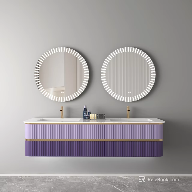 Modern Double Sink Vanity With Purple Pink Striped Cabinet And Round Mirrors On Gray Wall 3d model 