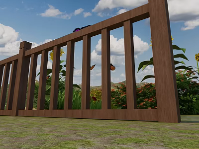 Wooden Garden Fence With Sunflowers Butterflies Green Plants And Blue Sky 3d model