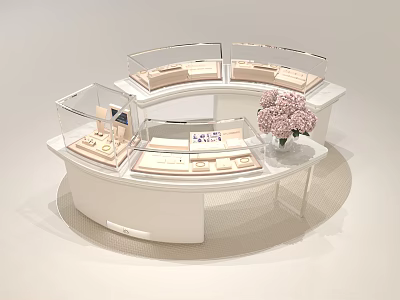 Elegant Jewelry Store Interior Featuring Circular Display Counter And Pink Flower Vase 3d model