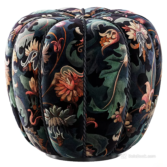 Round Decorative Upholstered Stool With Intricate Dark Floral And Leaf Patterns 3d model