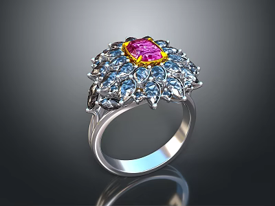 Elegant Ring Design Featuring Pink Center Gemstone With Blue Surrounding Stones In Silver Setting 3d model