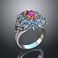 Elegant Ring Design Featuring Pink Center Gemstone With Blue Surrounding Stones In Silver Setting