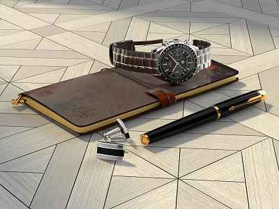 Brown Notebook with Watch Fountain Pen and Cufflink on Geometric Pattern Floor 3d model