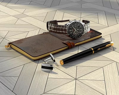 Brown Notebook with Watch Fountain Pen and Cufflink on Geometric Pattern Floor 3d model