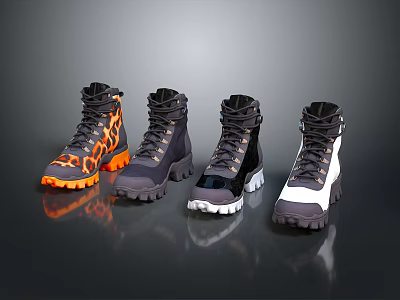 Assorted Design High Top Outdoor Boots Featuring Black Gray White Orange Colors and Thick Soles 3d model