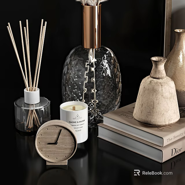 Decorative Ornament Set With Reed Diffuser Candle Glass Vases Stacked Books And Wooden Clock 3d model 