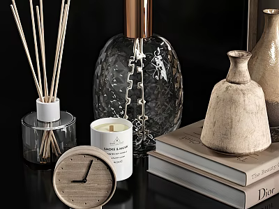 Decorative Ornament Set With Reed Diffuser Candle Glass Vases Stacked Books And Wooden Clock 3d model