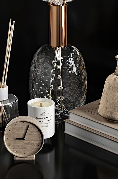 Decorative Ornament Set With Reed Diffuser Candle Glass Vases Stacked Books And Wooden Clock 3d model