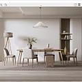 Modern Dining Room Interior With Wooden Table Chairs Pendant Light Floor Lamp Shelf And Plant