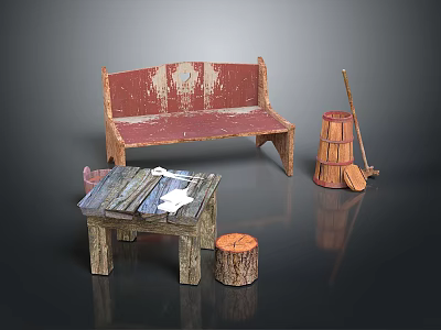 Vintage Rustic Furniture Collection Featuring Red Peeling Paint Bench Wooden Slat Table And Stump Stool 3d model