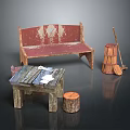 Vintage Rustic Furniture Collection Featuring Red Peeling Paint Bench Wooden Slat Table And Stump Stool