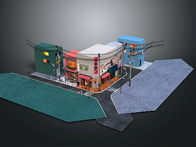 Colorful Small Town Buildings With Storefronts Street Lamps And Paved Roads 3d model