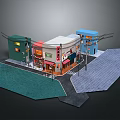 Colorful Small Town Buildings With Storefronts Street Lamps And Paved Roads