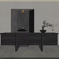 Modern Dark Wood Console Cabinet With Decorative Vase Dried Branches And Illuminated Niche