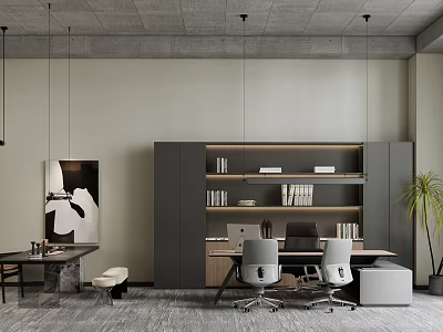 Modern Office Workspace With Wooden Bookshelves Desk Chairs And Potted Plant 3d model