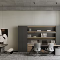 Modern Office Workspace With Wooden Bookshelves Desk Chairs And Potted Plant