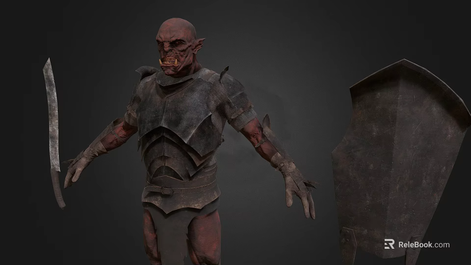 Game Movie Character With Red Skin Fierce Face And Tattered Armor Standing Pose 3d model 