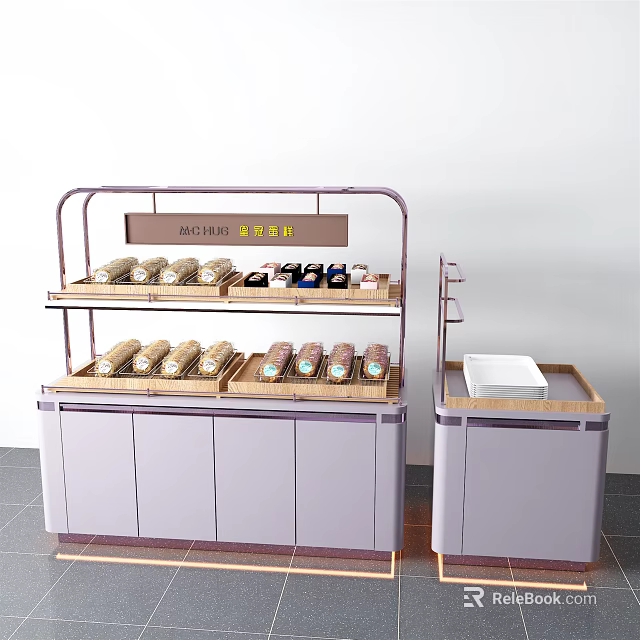 Light Purple Display Shelf With Multiple Tiers Bread Bottled Drinks And Cabinet Doors 3d model 