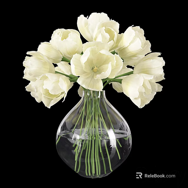 Beautiful White Tulips Arranged in Transparent Glass Vase with Clear Water 3d model 