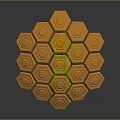 Shiny Orange Hexagon Honeycomb Structure With Green Connecting Lines And Gray Background Reflection